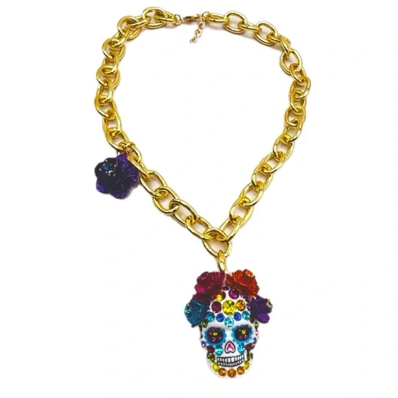 NWT ⚜️💖⚜️ Betsey Johnson Gorgeous SUGAR SKULL SHORT PENDANT MULTI - Picture 10 of 11